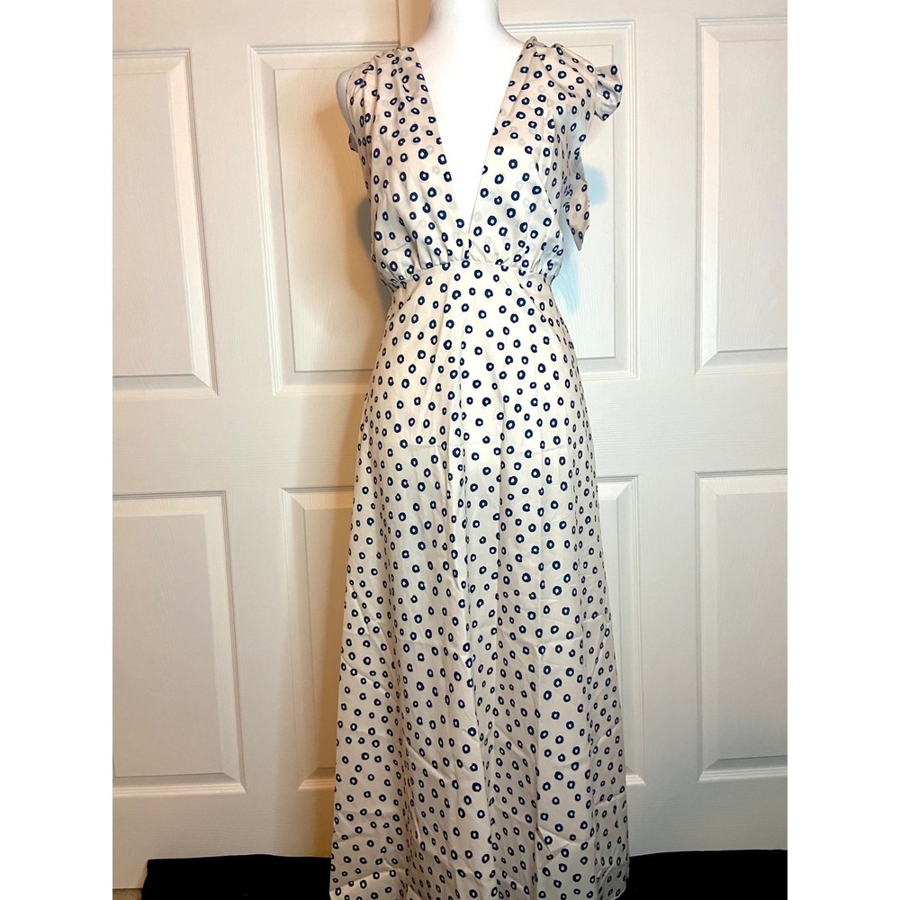 Blue Polka Dot Tie Shoulder V-Neck Maxi Dress White Size Medium
